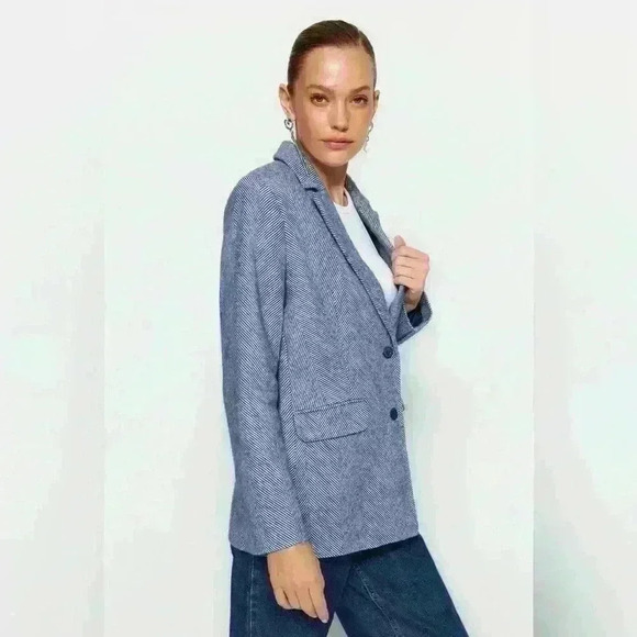 NWT Trendyol Blue Herringbone Tweed Blazer Sz 8 Item#20 - Picture 4 of 14